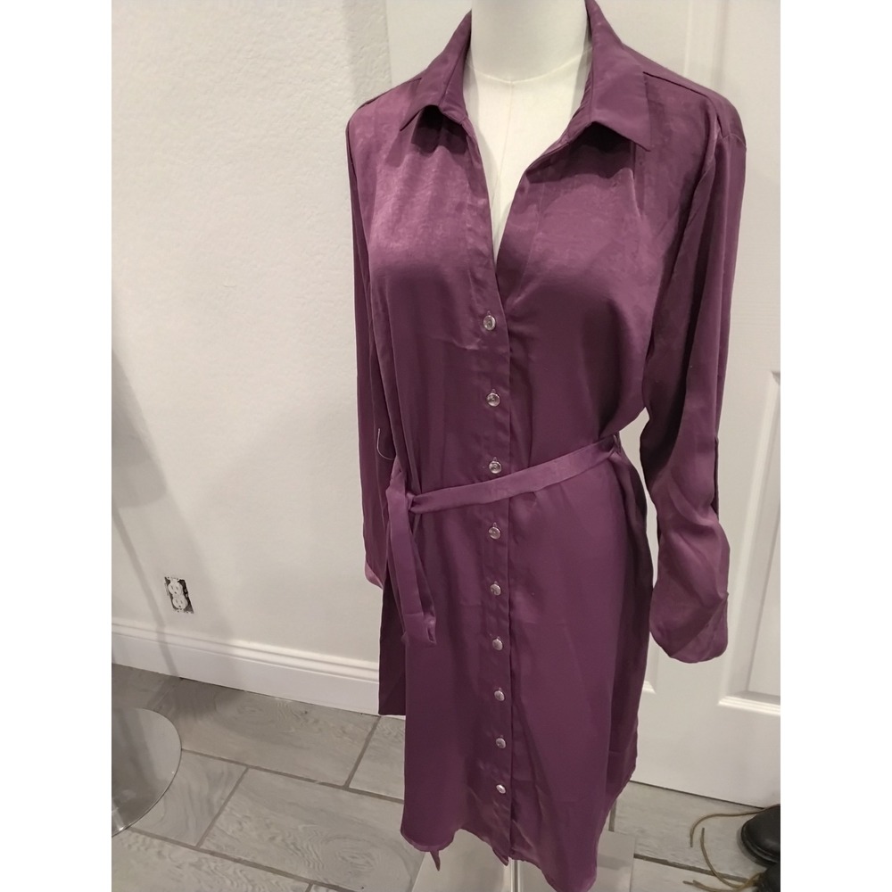 Fred David Plum Purple Button Down Tie Waist Shirt Dress DW1479WRM Womens Large